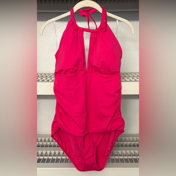 NWT Lauren Ralph Lauren Black Label 1-Piece Halter-Neck Fuchsia Swimsuit Sz 12 - Picture 1 of 13